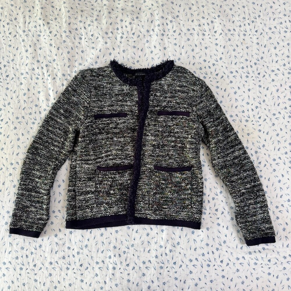 Ann Taylor Tweed Pocket Cardigan Jacket in Night Sky